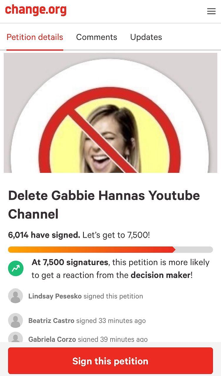 The petition against Gabbie Hanna increases by thousands in under 24 hours (Image via change.org)